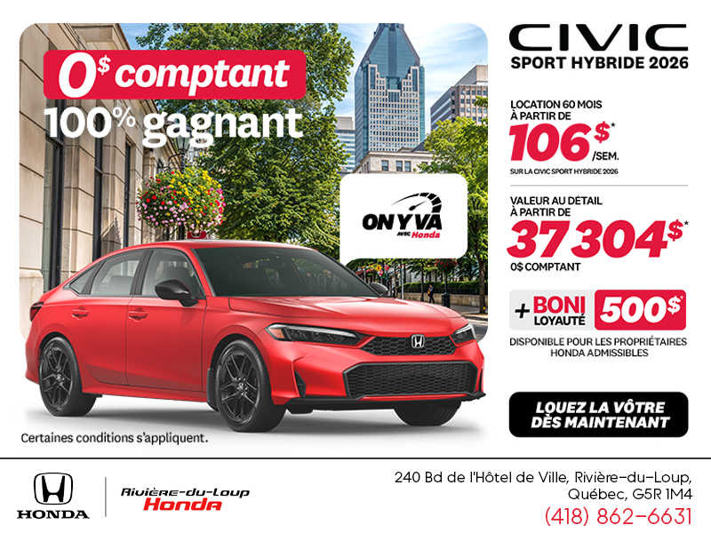 Obtenez la Honda Civic Berline Hybride 2026 !