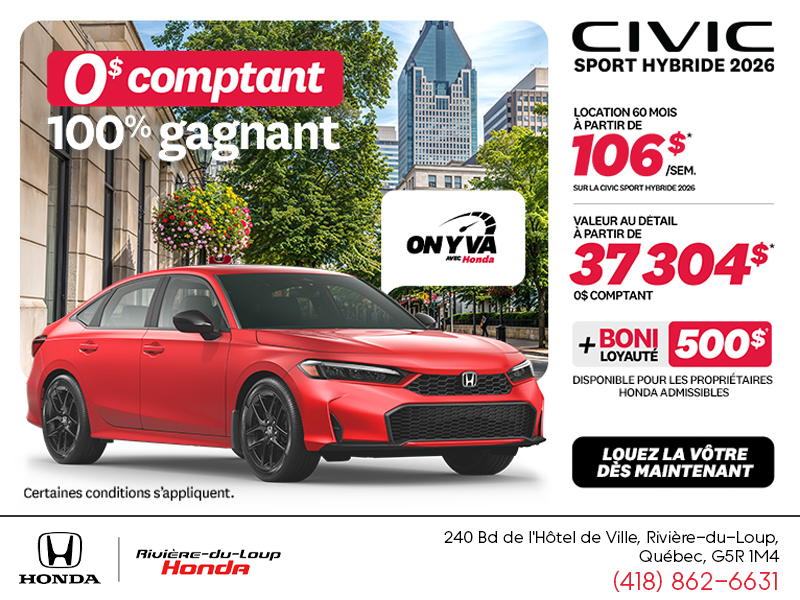 Obtenez la Honda Civic Berline Hybride 2026 !