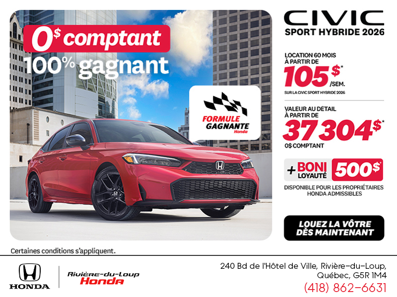Obtenez la Honda Civic Berline Hybride 2026 !