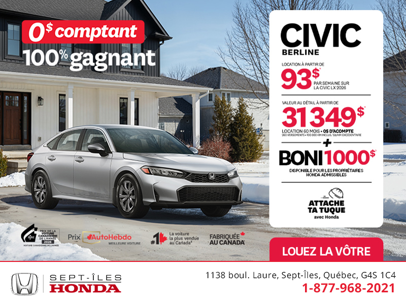 Obtenez le Honda Civic Berline 2026 !