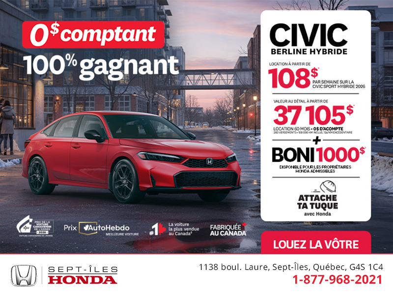 Obtenez le Honda Civic Berline Hybride 2026 !