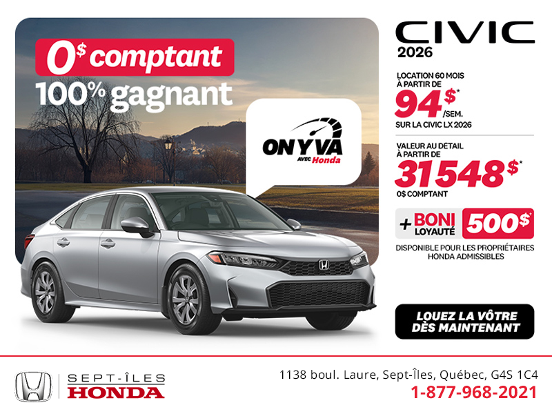 Obtenez la Honda Civic Berline 2026 !