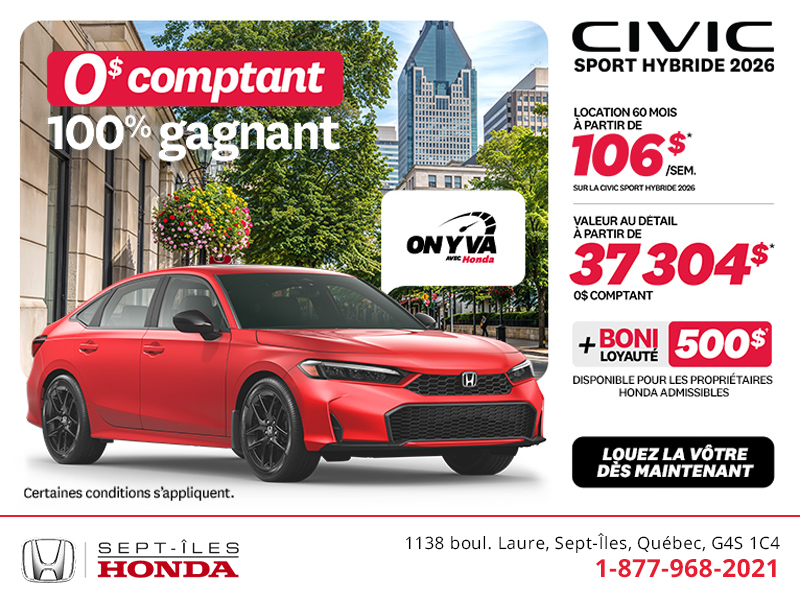 Obtenez la Honda Civic Berline Hybride 2026 !
