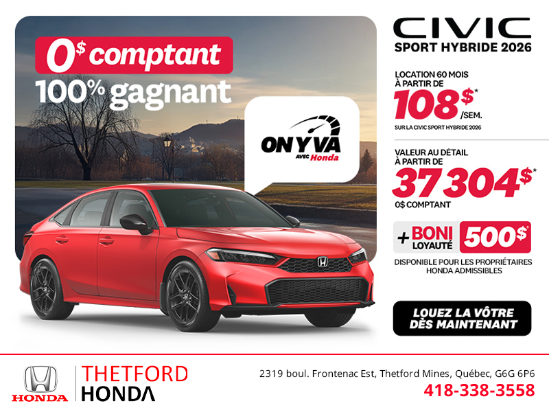 Obtenez la Honda Civic Berline Hybride 2026 !