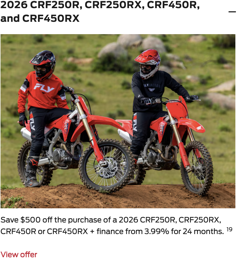 2026 CRF250R, CRF250RX, CRF450R, CRF450RX [In Stock]