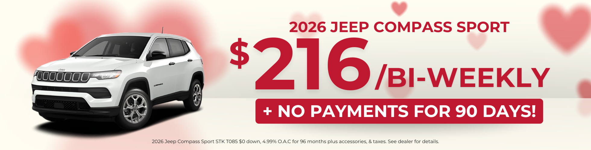2026 Jeep Compass Sport: $244/BW + No Payment for 90 Days!