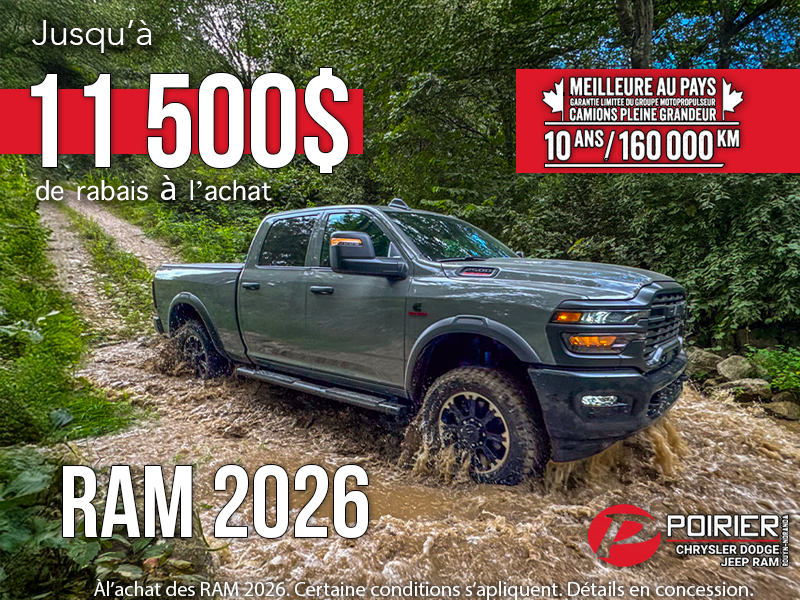 Rabais sur les RAM 2026 et meilleure garantie sur le groupe motopropulseur au Canada !
