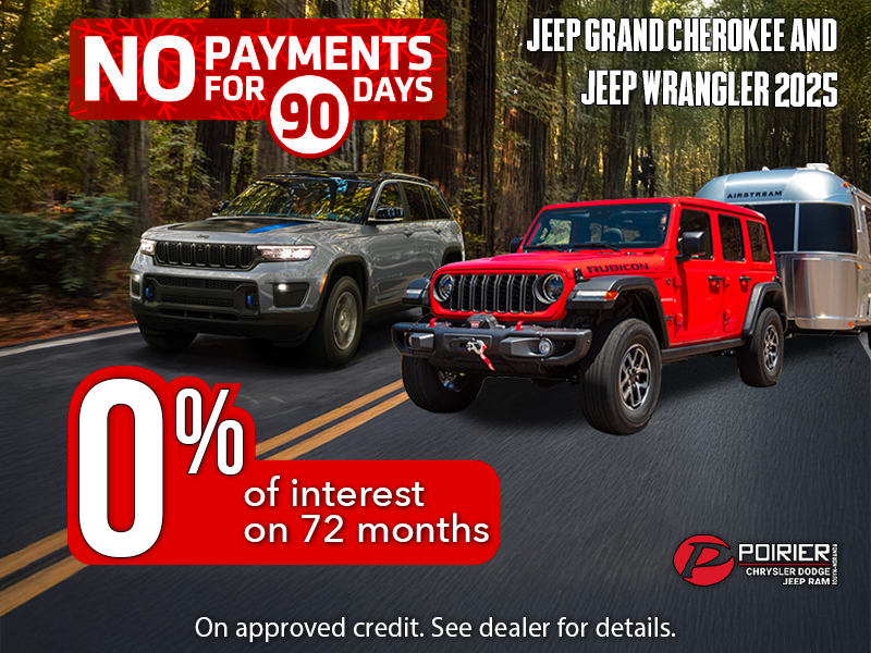 Get 0% financing for 72 months on our 2025 Jeep Grand Cherokee and Wrangler!