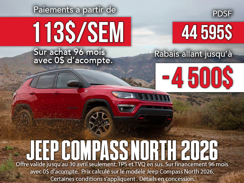 Le Jeep Compass North 2026 à 4500$ de rabais!