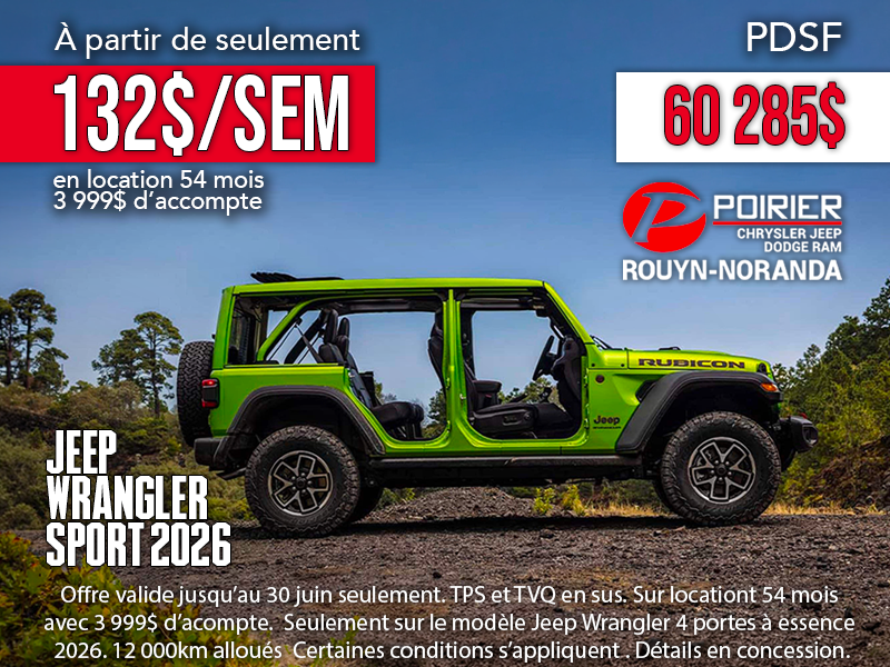 Le Jeep Wrangler Sport 2026 est enfin prêt pour l'été! L'êtes vous?