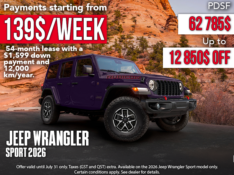 Jeep Wrangler Sport 2026 on lease in Rouyn-Noranda