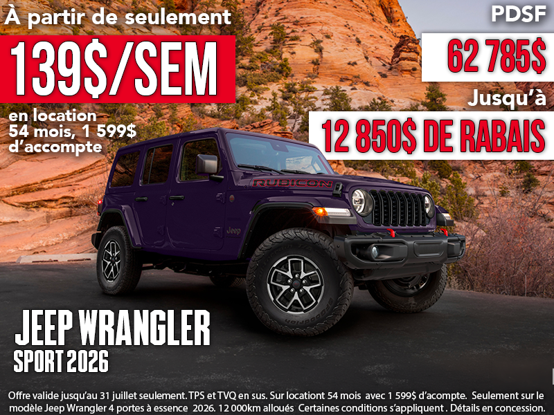 Jeep Wrangler Sport 2026 en location à Rouyn-Noranda