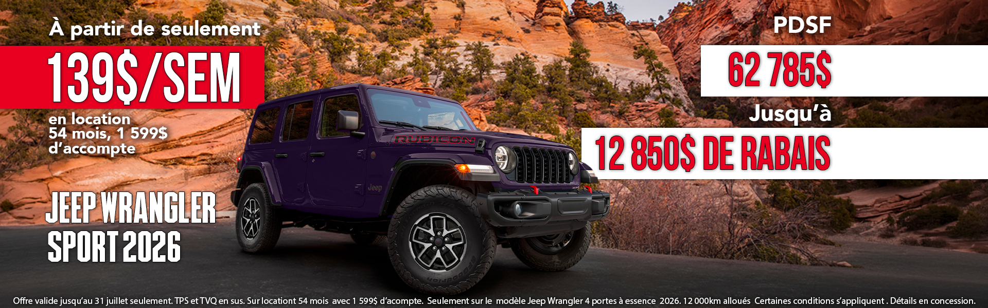 Jeep Wrangler Sport 2026 en location à Rouyn-Noranda