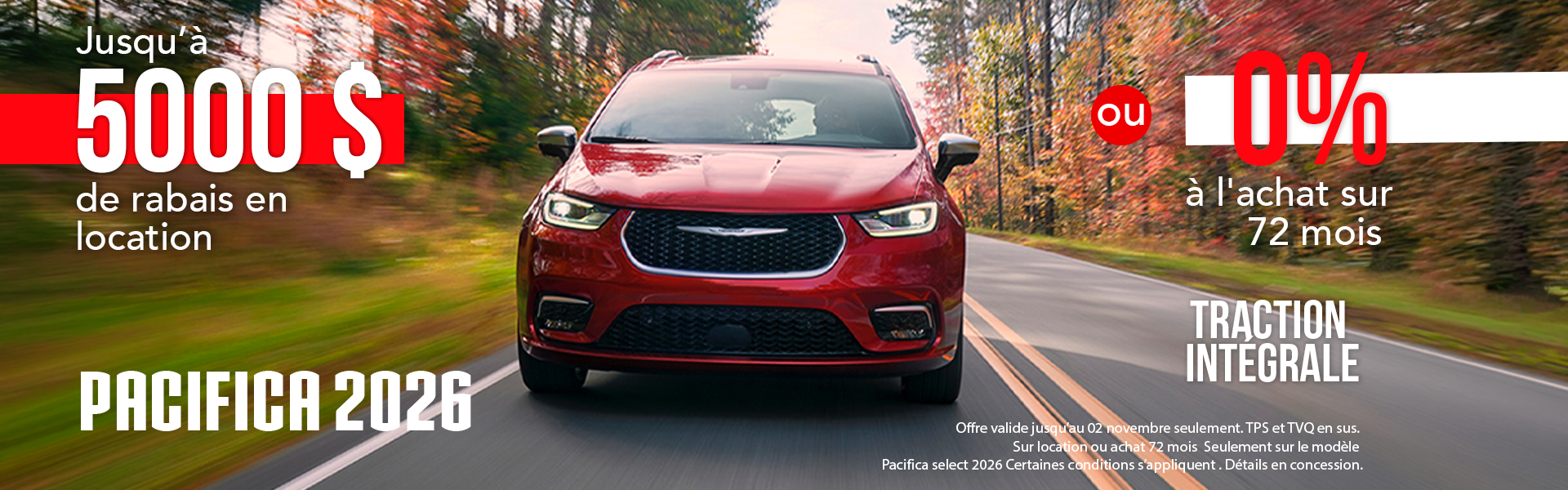 Chrysler Pacifica 2026 à 0% ou 5000$ de rabais