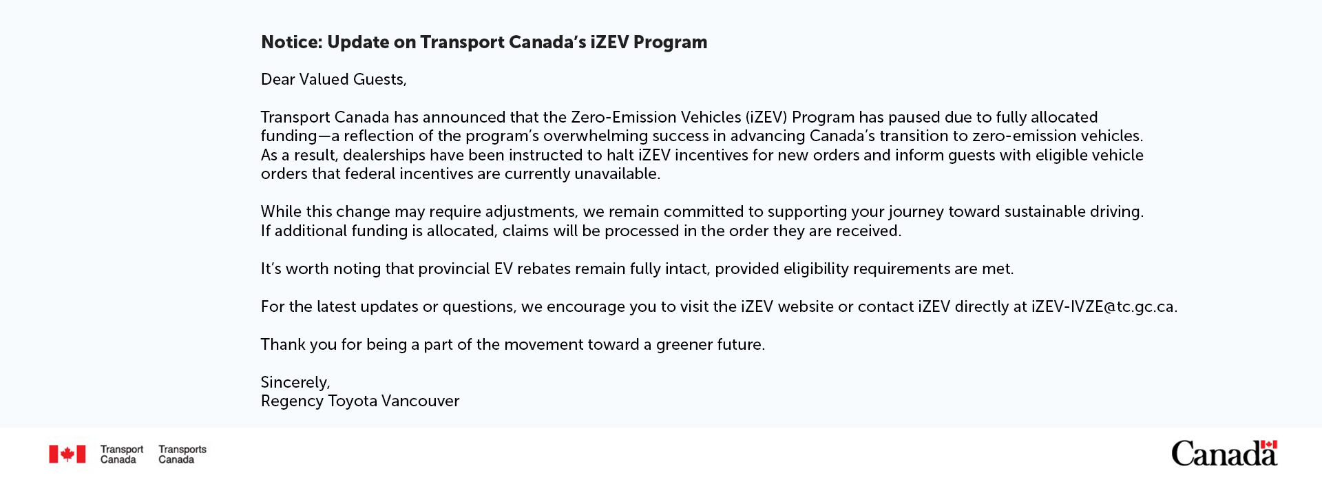 Notice: Update on Transport Canada’s iZEV Program