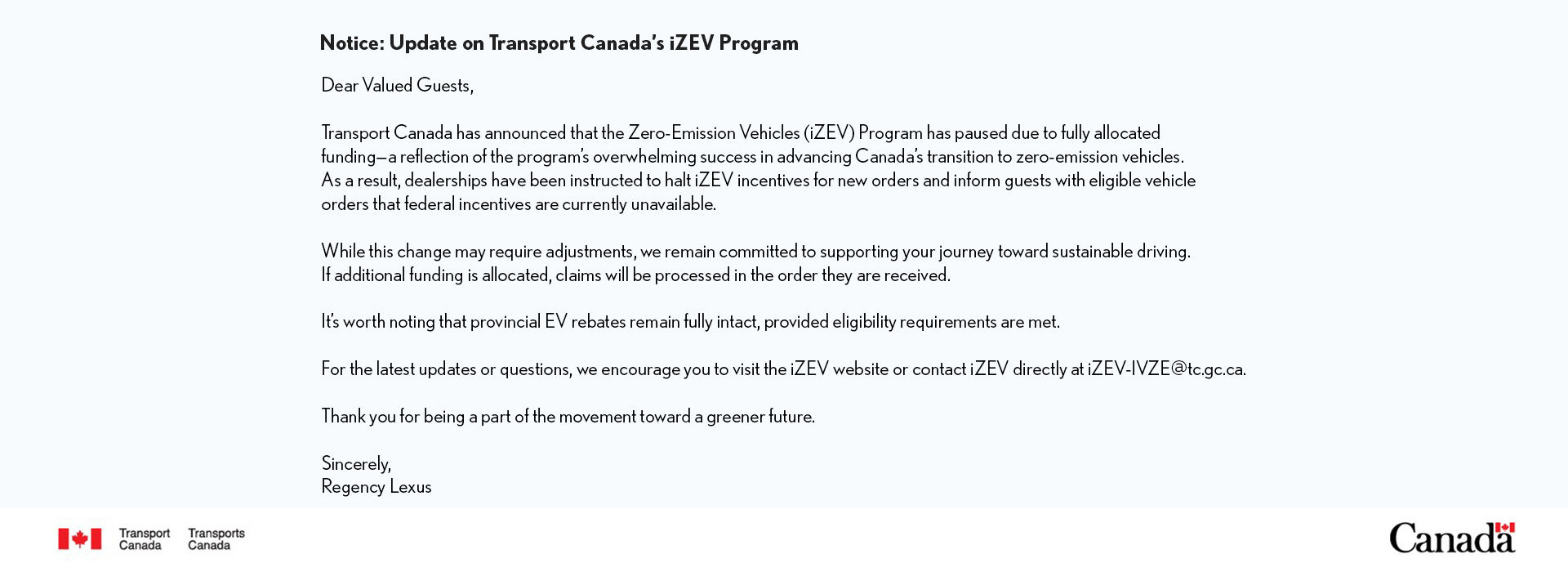 Notice: Update on Transport Canada’s iZEV Program