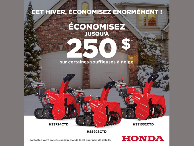 Rabais jusqu'à 250$ sur les souffleuses à neige Honda!