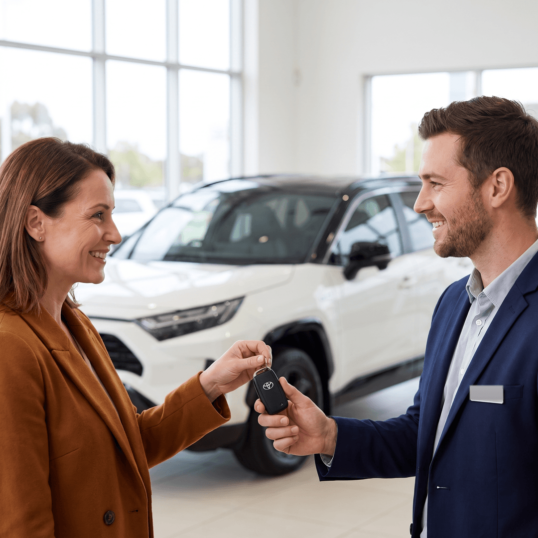 A smiling woman stands in a car dealership, looking at her smartphone while holding a takeaway coffee cup.