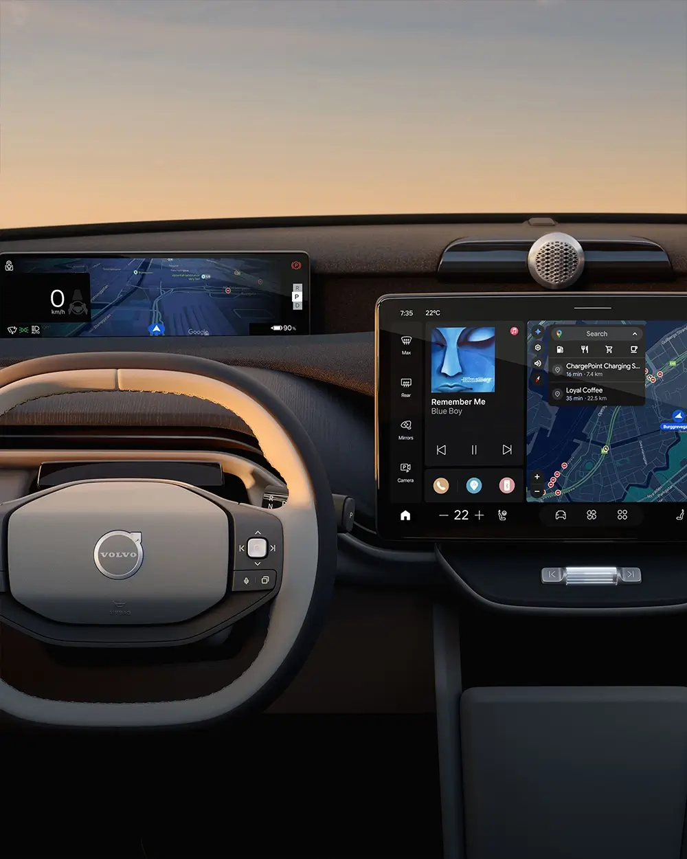 Interior dashboard view of a modern Volvo showing a digital gauge cluster, steering wheel, and a central touchscreen displaying navigation and media controls.