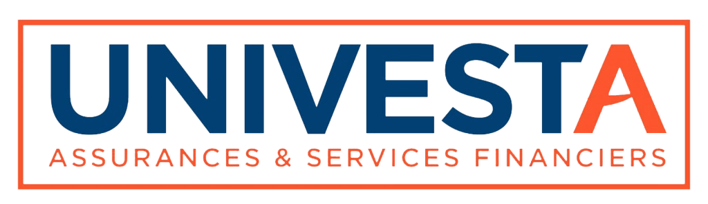 The logo for Univesta, an insurance and financial services company. The logo features the company name in a dark blue font with a red 'A' at the end, and the phrase "ASSURANCES & SERVICES FINANCIERS" below it, all within an orange border.