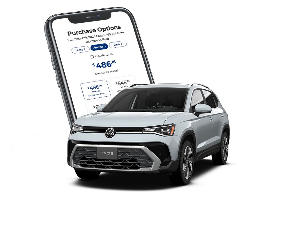 A white 2024 Volkswagen Taos is positioned in front of a smartphone displaying car purchase options, including lease, finance, and cash prices. The phone screen shows "Purchase Options"
