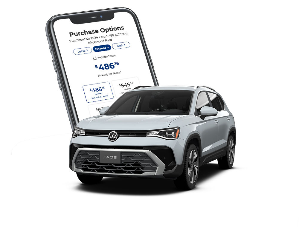 A white 2024 Volkswagen Taos is positioned in front of a smartphone displaying car purchase options, including lease, finance, and cash prices. The phone screen shows "Purchase Options"