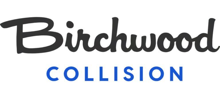 A horizontal logo on a white background. The top word "Birchwood" is written in a large, dark gray cursive script font. Beneath it, the word "COLLISION" is written in a smaller, bold, blue sans-serif font with wide spacing between the letters.