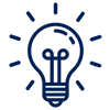 A simple, dark blue line-art icon of a glowing lightbulb, signifying an idea or innovation, set against a white background.