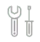 A gray line-art icon featuring two hand tools positioned side-by-side. On the left is an open-ended wrench, and on the right is a flat-head screwdriver.