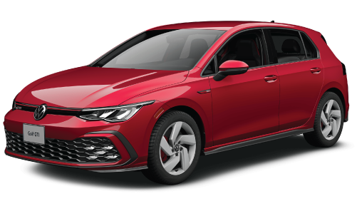 A red Volkswagen Golf GTI hatchback shown from a front-three-quarter perspective.