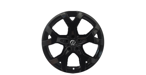 Volkswagen five-spoke Y-design alloy wheel in gloss black with a central VW logo.