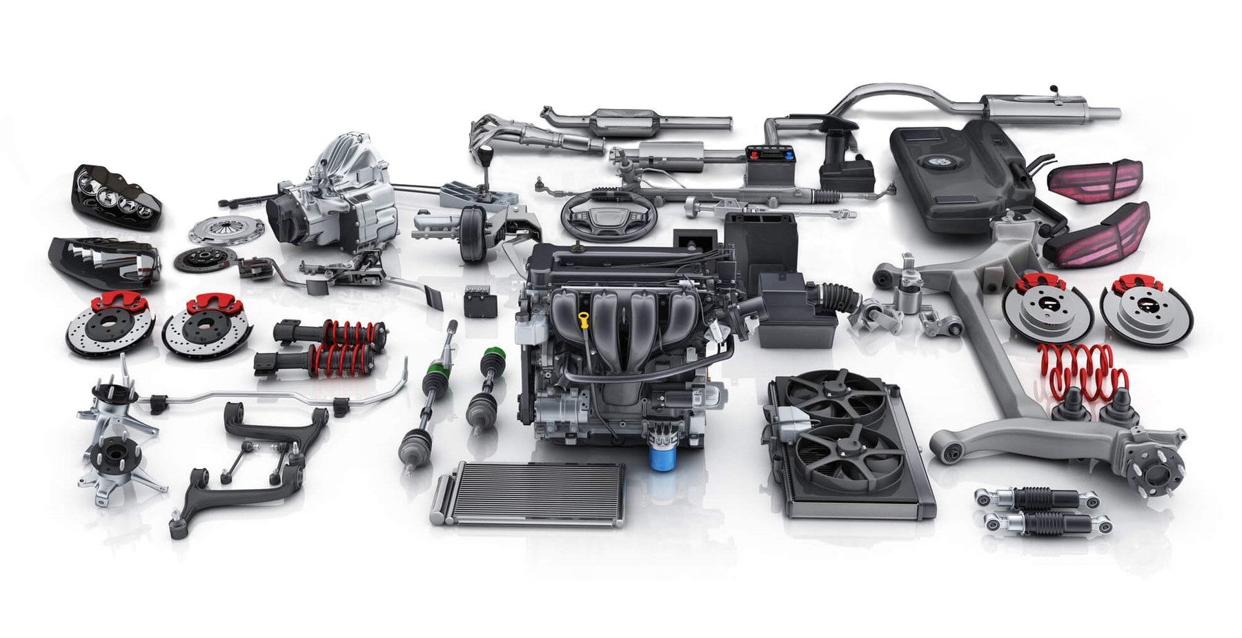 An exploded-view diagram showing internal car components including the engine, transmission, suspension, brakes, and exhaust system.