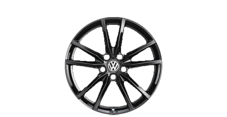 A dark grey or black metallic Volkswagen alloy wheel featuring a thin multi-spoke "Y" pattern with a central VW logo.