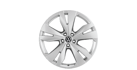 A silver Volkswagen alloy wheel featuring a chunky, aerodynamic five-spoke design with a central VW logo.