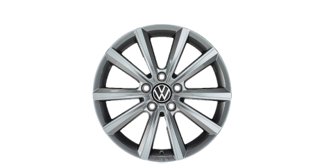 A silver and grey multi-spoke Volkswagen alloy wheel with a central VW logo.