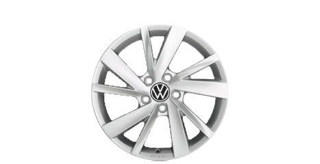A silver Volkswagen alloy wheel featuring a dynamic, turbine-style multi-spoke design with a central VW emblem.
