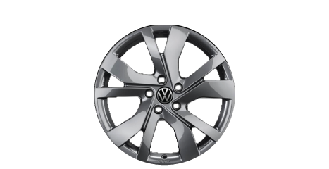 Volkswagen five-spoke alloy wheel with a silver finish and wide, angular spokes.