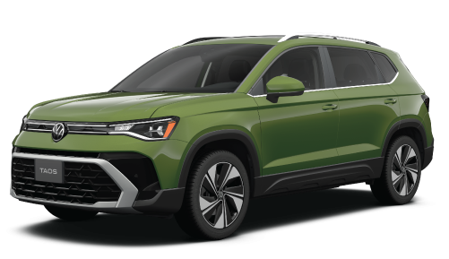 A bright green Volkswagen Taos compact SUV with black roof rails and trim.