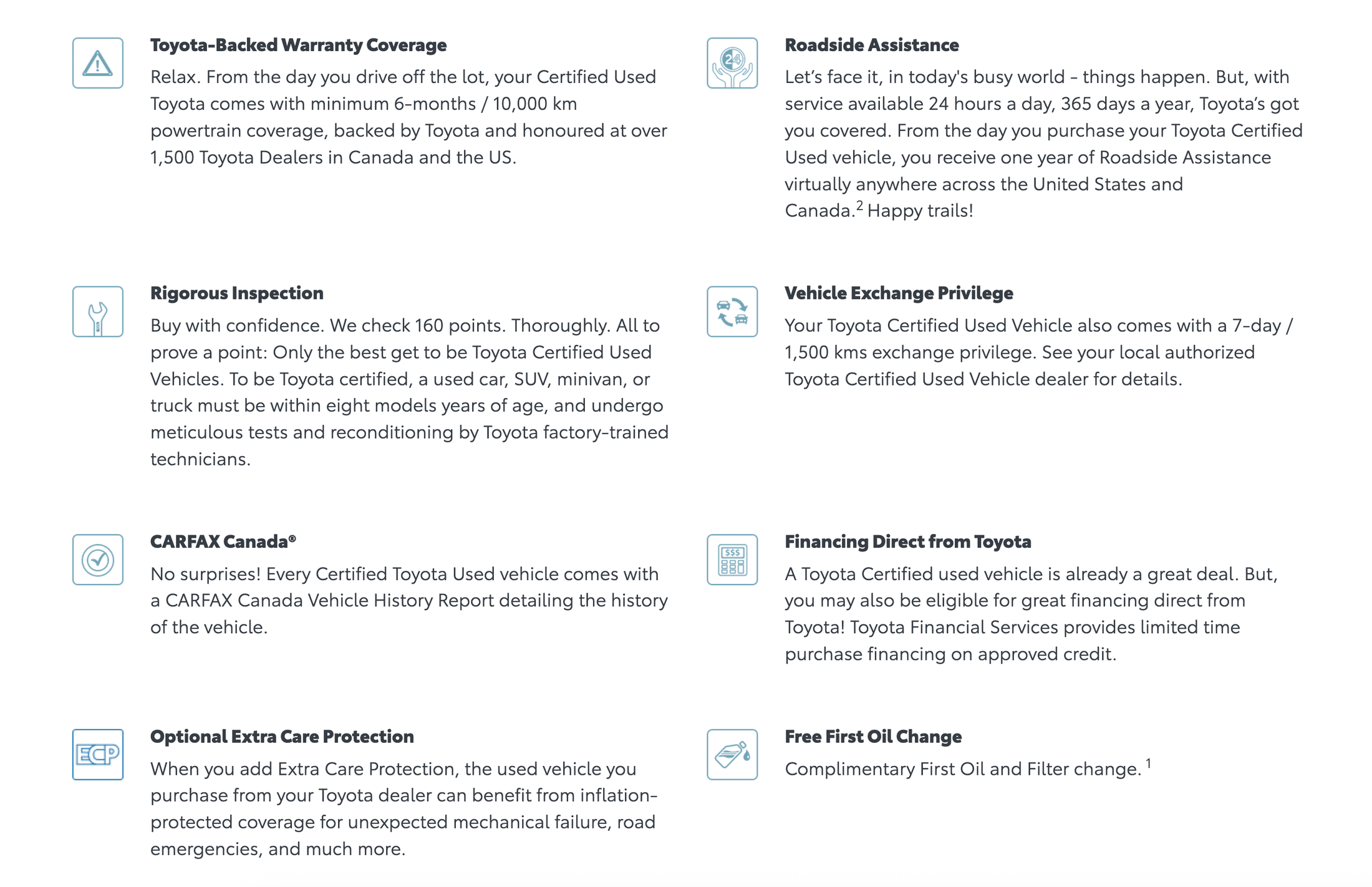 A promotional graphic detailing the benefits of purchasing a Certified Used Toyota vehicle, including Toyota-Backed Warranty Coverage, Roadside Assistance, Rigorous Inspection (160 points), Vehicle Exchange Privilege (7-day/1,500 km), CARFAX Canada Report, Financing Direct from Toyota, Optional Extra Care Protection, and Free First Oil Change.