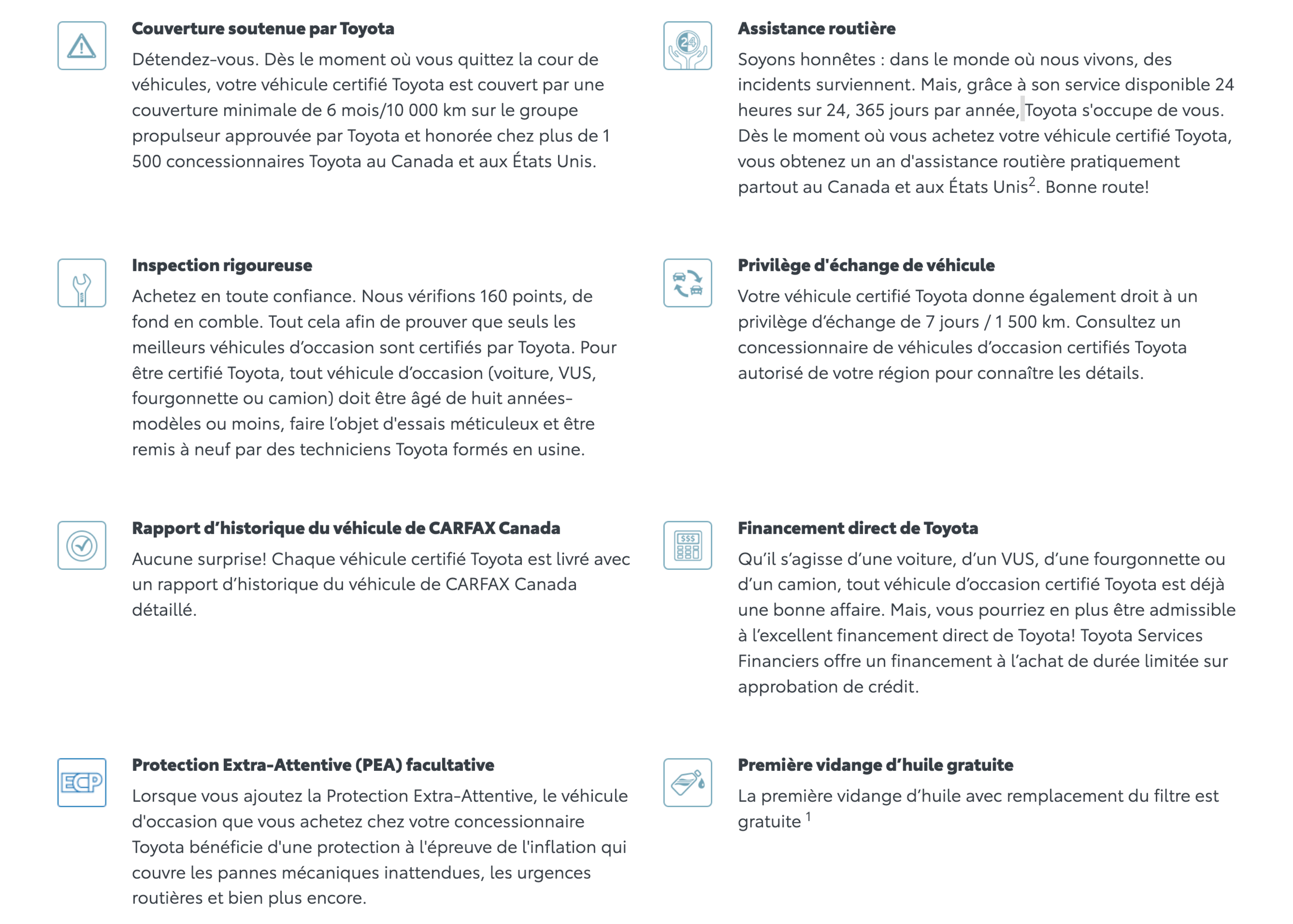 Un graphique promotionnel détaillant les avantages d'acheter un véhicule d'occasion certifié Toyota, incluant la Couverture soutenue par Toyota, l'Assistance routière, l'Inspection rigoureuse (160 points), le Privilège d'échange de véhicule (7 jours/1 500 km), le Rapport d'historique du véhicule CARFAX Canada, le Financement direct de Toyota, la Protection Extra-Attentive (PEA) facultative et la Première vidange d'huile gratuite.