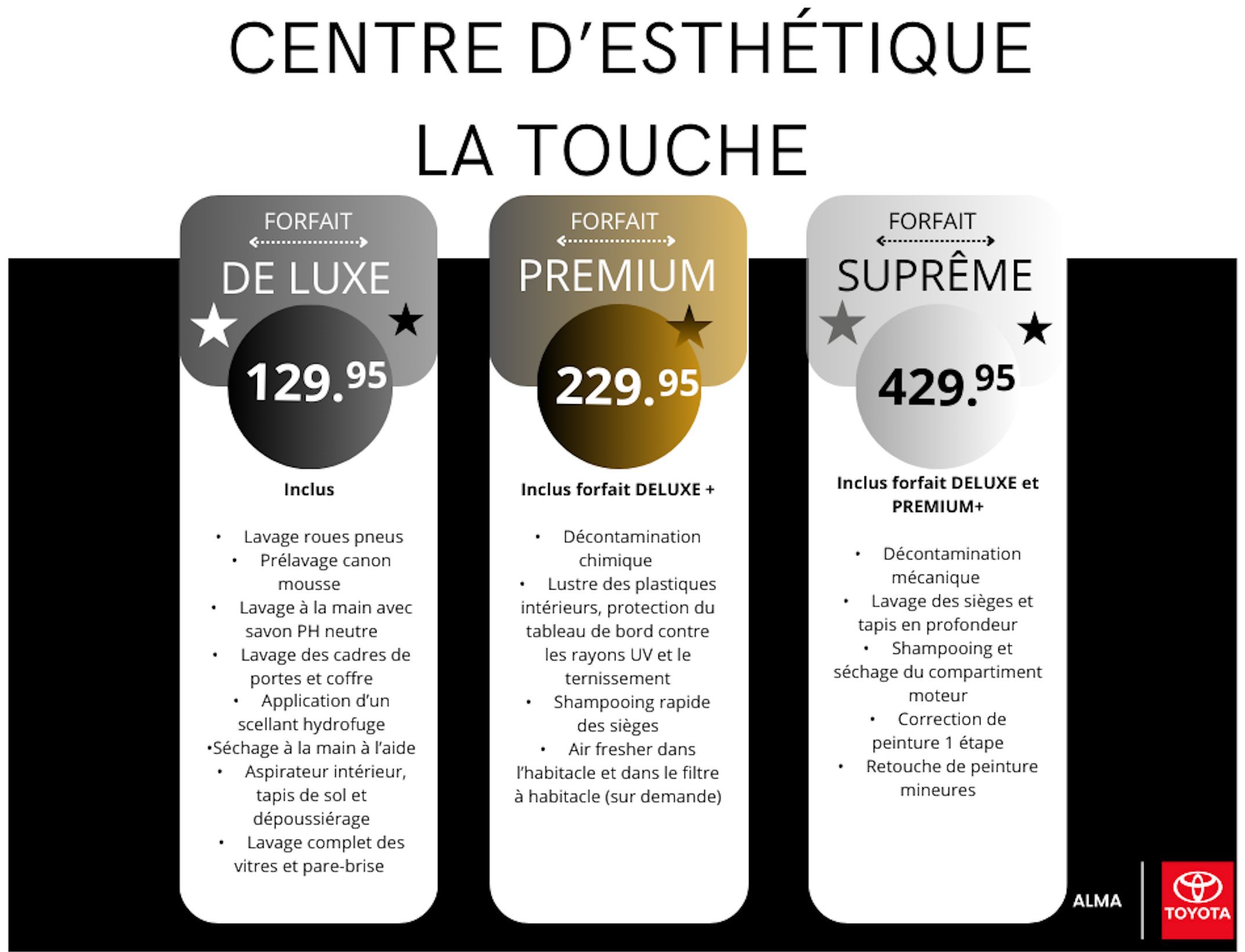 Prix et détails des forfaits d'esthétique La Touche : De Luxe, Premium, Suprême