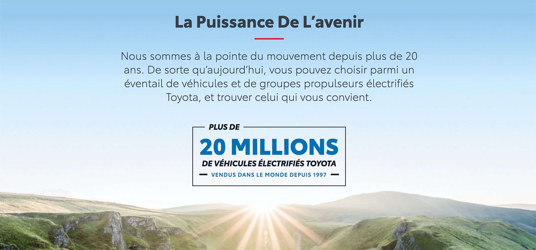 Paysage ensoleillé. Texte: La Puissance De l'avenir. Plus de 20 millions de véhicules électrifiés Toyota vendus dans le monde depuis 1997.