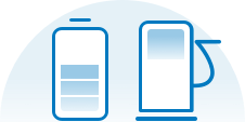 Icône sur fond bleu montrant deux conteneurs côte à côte, l'un une batterie segmentée et l'autre une icône de pompe à carburant, tous deux partiellement remplis. Cela suggère deux formes de carburant ou de stockage d'énergie.