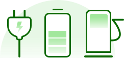 Icône sur fond vert montrant une fiche électrique connectée à une batterie partiellement remplie, elle-même à côté d'une pompe à essence. Cette combinaison représente un véhicule hybride rechargeable (VHR), utilisant à la fois l'électricité et un carburant liquide.