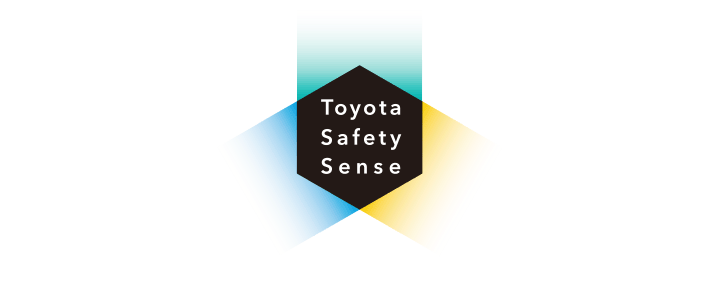 Logo Toyota Safety Sense, comportant les mots « Toyota Safety Sense » centrés dans un hexagone noir, lequel est superposé à trois formes géométriques qui se chevauchent (sarcelle, bleu clair et jaune) rayonnant vers l'extérieur.