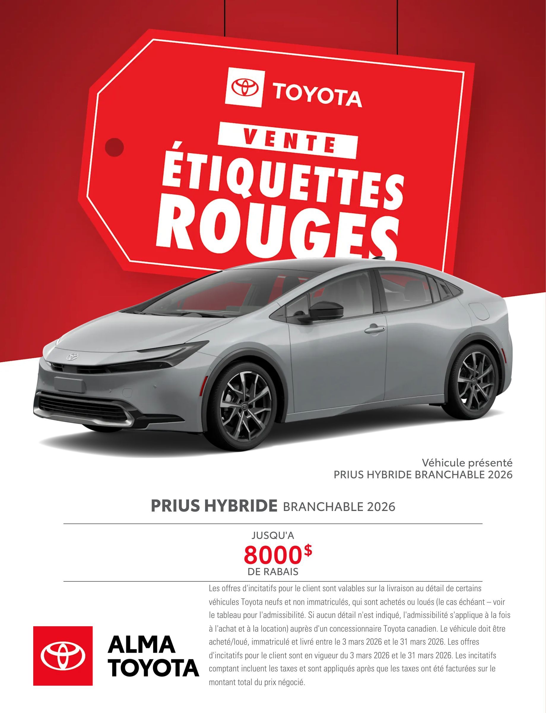 Promotion Vente Étiquettes Rouges sur la Prius hybride branchable 2026