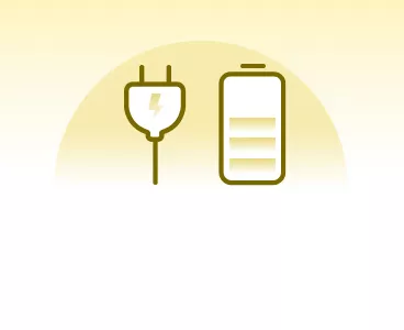 Un ensemble d'icônes sur fond jaune montre une prise de recharge avec un éclair à côté d'une icône de batterie verticale avec trois barres de charge.