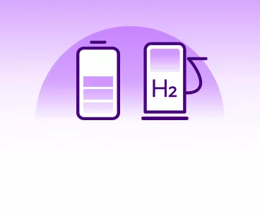 Un ensemble d'icônes sur fond violet montre une icône de batterie verticale avec trois barres de charge à côté d'une icône de pompe à carburant affichant "H2".