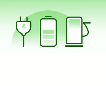  Un ensemble d'icônes sur fond vert clair montre une prise de recharge avec un éclair, une icône de batterie verticale avec trois barres de charge et une icône de pompe à essence standard.