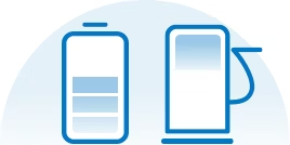  Un ensemble d'icônes sur fond bleu montre une icône de batterie verticale avec trois barres de charge à côté d'une icône de pompe à essence standard.